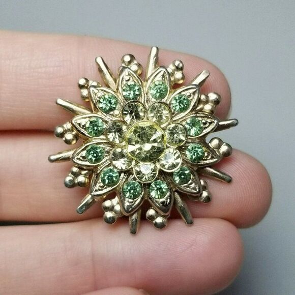 Vintage Mint Green Rhinestone Starburst Radiant Brooch, Gold Tone Lapel Pin - Picture 1 of 6